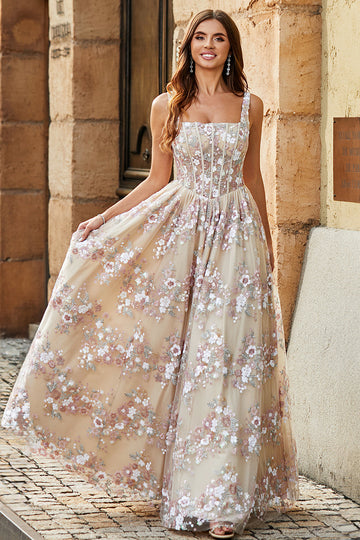Charming A Line Square Neck Champagne Corset Ball Dress with Appliques
